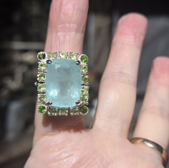 Aquamarine 17k Peridot Chrome Diopside & lolite sterling cocktail ring sz7 - Picture 3 of 11